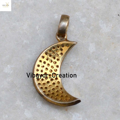 Pave Diamond Crescent Moon Pendant Gold Plated 925 Solid Silver Charm Jewelry - Picture 3 of 3