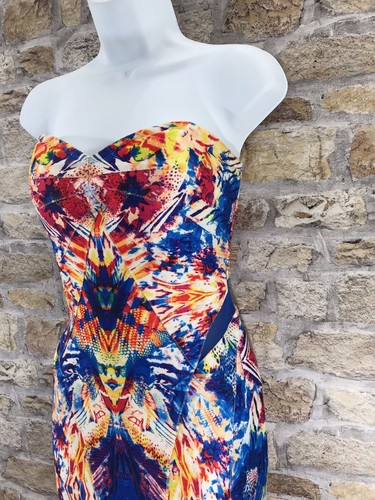 Wow Couture Blue Multi Strapless Bodycon Dress Mirror Geo Design Size M Spandex - Picture 2 of 6
