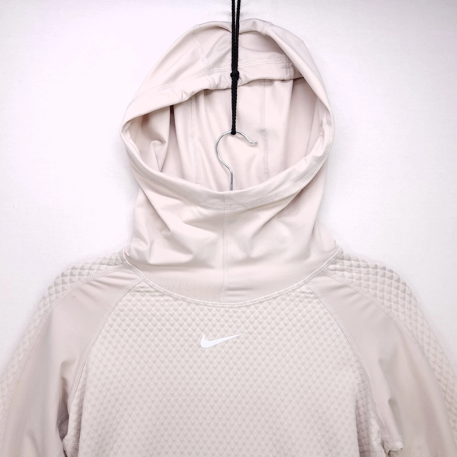 OFF WHITE Nike Pro Hyperwarm maglione donna piccolo con cappuccio beige panna collo cappuccio