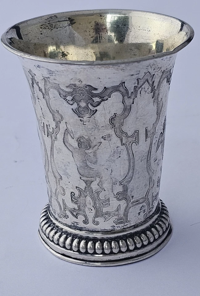 Silber Becher  Vergoldet Feine Stichelarbeit Vor 1851 Gestichelt MUSEN ENGEL - Bild 3 von 4