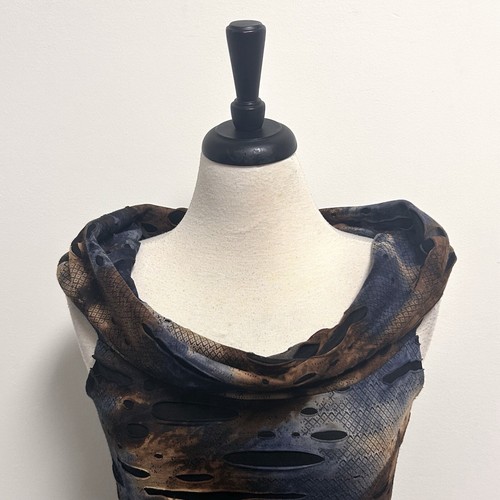 Samuel Dong Black Blue Brown Off The Shoulder Distressed Bodycon Mini Knit Dress - Picture 4 of 11