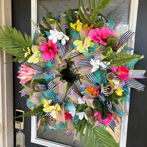 XL Hawaiian Tropical Beach Pool Summer Deco Mesh Front Door Wreath Porch Decor - Picture 1 of 9