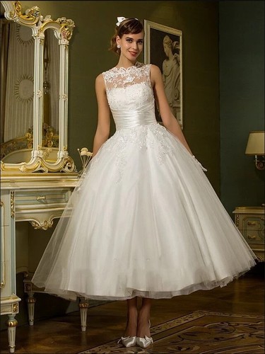 Short British Wedding Dresses Elegant Tea Length Sleeveless A Line Bridal Gowns - Picture 2 of 10