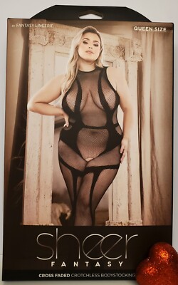 Queen Size Bodystocking Black Crotchless High Neck Sheer By Fantasy Lingerie 