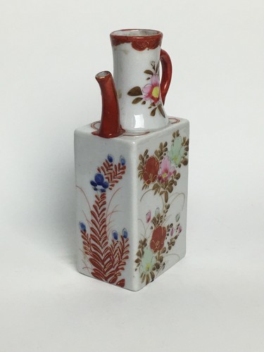Unique Small Rectangular Porcelain Teapot/Vase Sake Japan Orange Gold Accent - Picture 2 of 10