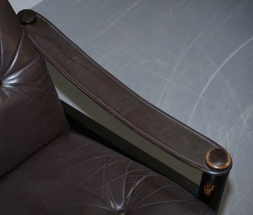 LOVELY DANISH BROWN LEATHER MID CENTURY MODERN ARMCHAIR & CHESTERFIELD FOOTSTOOL - Picture 6 of 12