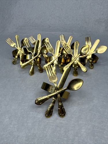 Vintage Fork Knife Spoon Design Napkin Ring Brass / Gold tone Set of 8 Retro - Picture 2 of 6