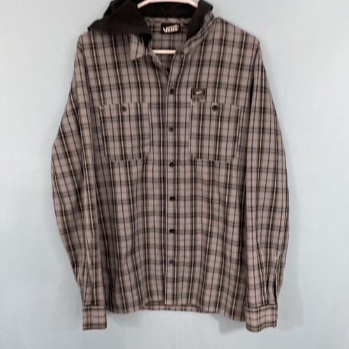 VANS Hooded Shirt M Men Gray Surf Check Plaid Snap Collared Button Up Y2k 00s M - Picture 10 of 24