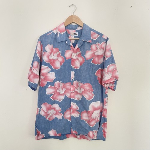 Vintage 80s Reyn Spooner Men’s L Floral Camp Collar Hawaiian Shirt Pink Blue