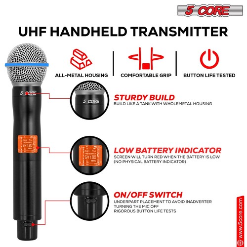 5-Core Wireless Microphones UHF Dynamic Pro Audio Handheld Singing Mic - Bild 33 von 37