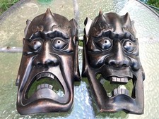 LARGE Japanese Wood Comedy Tragedy Tiki Demon Masks- Theatre Estate- Life Sized