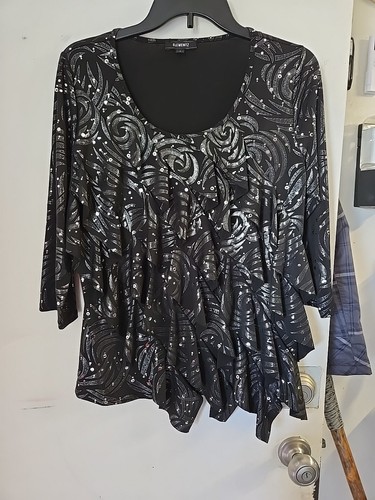 Elementz Women's Black 3/4 Length Sleeve Sparkly Polka Dot Ruffled Top Medium