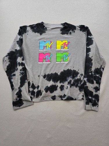 MTV Long Sleeve Sweater Unisex Kids Small Gray Black Tie Dye Logo Pullover - Picture 6 of 13