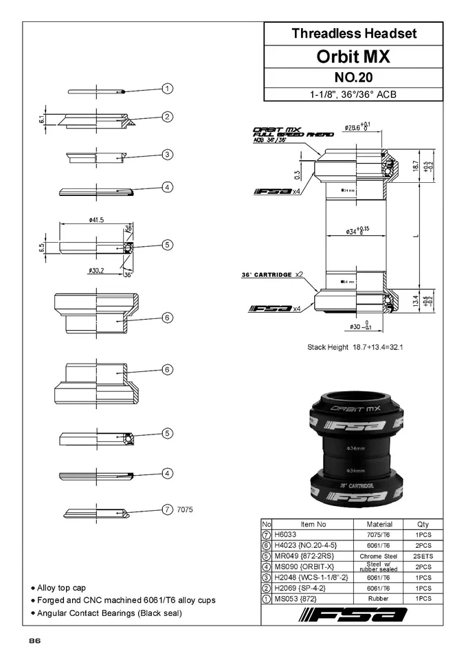 FSA Orbit MX Threadless Headset 1-1/8" 34mm W/Top Cap - Image 2 of 3