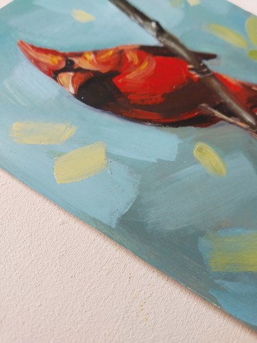 Original Oil Painting Bird Red Cardinal 5x4 inches Impressionism - Picture 3 of 4