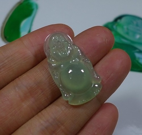 Cert'd Fine Natural Type A Icy Jadeite Jade Happy Buddha Pendant - Picture 2 of 9