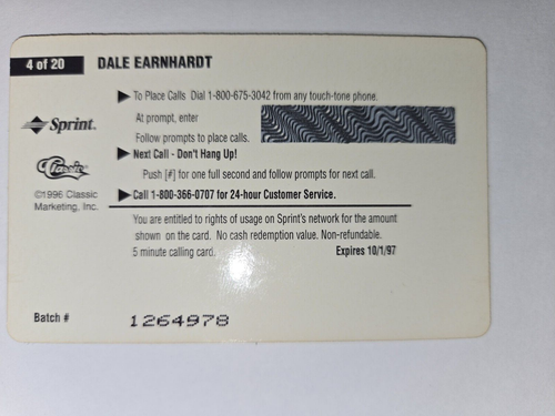 Dale Earnhardt 1995 Classic Sprint Calling Card 4 of 20 Collectible Card - Picture 2 of 2