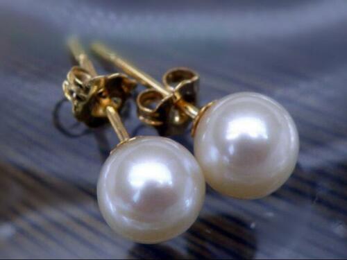 Aretes de perlas redondos de alto brillo blanco del Mar del Sur de oro amarillo de 14k de 10-11 mm - Imagen 1 de 3