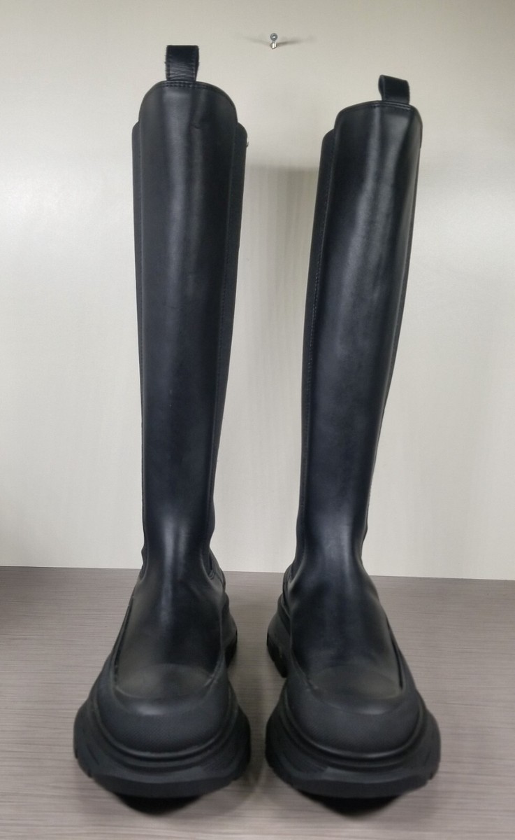 【関税込み】Rubber boots - Alexander McQueen - Leather - Bla Alexander McQueen Tread Slick Knee High Boot, Black Leather