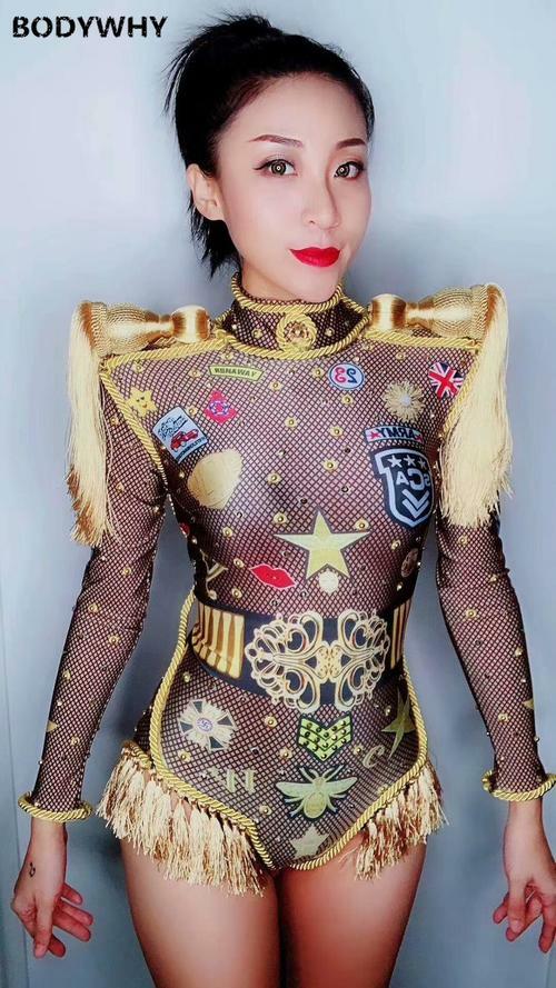 2020 Jumpsuit rhinestone body clothes printed epaulettes tassel stretch clothing Bardzo popularna, oryginalna gwarancja