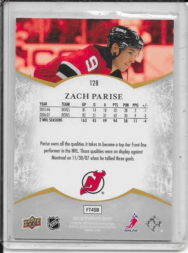 2007-08 SP Authentic Zach Parise Notables # 128 #d/1999 - Image 2 of 2
