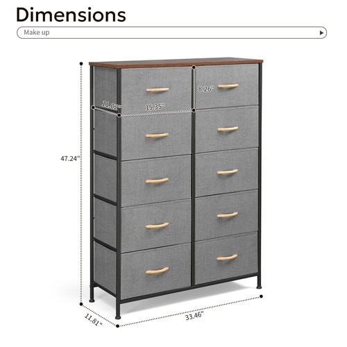 Grey 10 Drawers Chest of Drawers Bedroom Storage Cabinet Fabric Organizer Unit - Picture 5 of 15