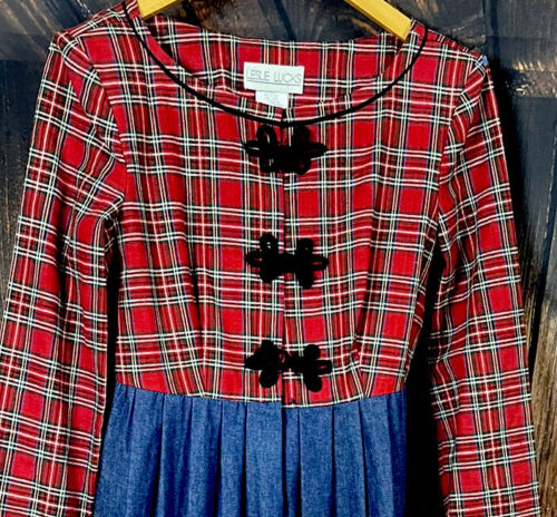 VTG 80s LESLIE LUCKS PRAIRIE MAXI DRESS RED PLAID W/ JEAN SKIRT SIZE 6 USA MADE - Picture 3 of 4