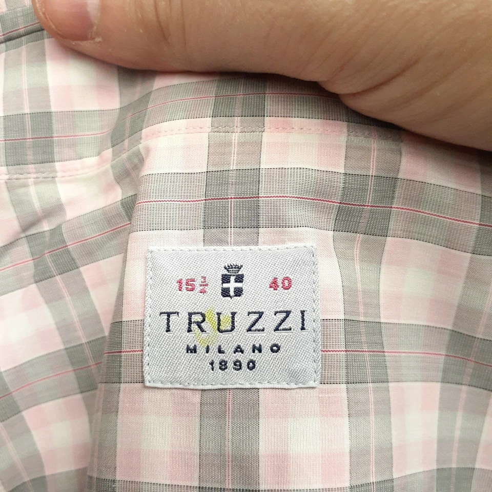 Camisa social masculina xadrez cinza rosa TRUZZI Milano 1890 15,75 40 gola espalhada algodão - Imagem 3 de 4