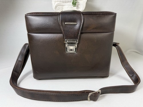 Vintage 70s 80’s SLR Leather Camera Bag Brown with Shoulder Strap Velour Lining