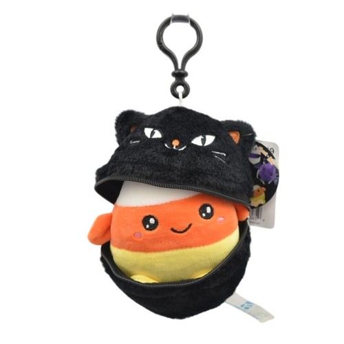 Fengtuo Halloween Black Cat Plush Zipper Pouch Candy Corn Plushie Clip-On - Picture 3 of 6