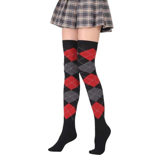 WOMEN'S ARGYLE DIAMOND PLAID FASHION OVER THE KNEE THIGH HIGH SOCKS STOCKINGS - Picture 16 of 29