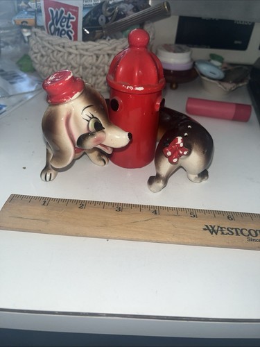 Vintage Salt Pepper Shaker Hi Friend Dachshund Dog With Hydrant & Spoon