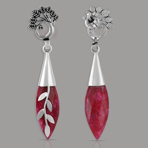 925 Sterling Silver Handmade Silver Earrings Natural Ruby Stone Earrings - Picture 3 of 4