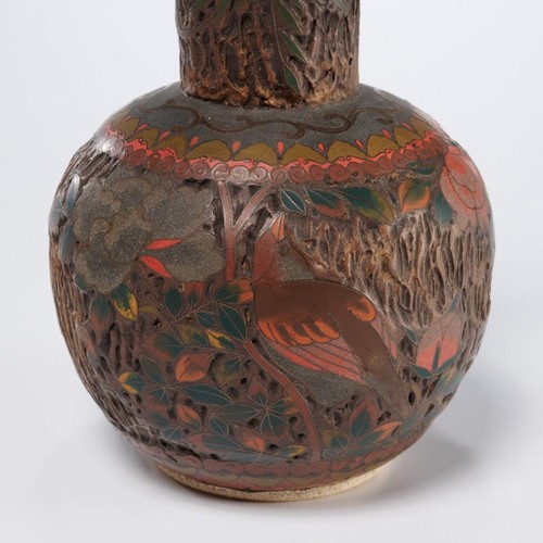 Antique Japanese Jiki Tokai Shippo Cloisonne Tree Bark Arts Crafts Nouveau Vase - Picture 2 of 6
