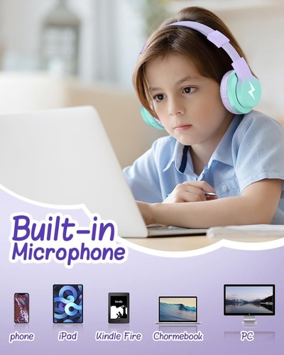 Kids Bluetooth Headphones, Colorful Wireless Over Ear Headset with 85dB/94dB ... - Picture 6 of 7