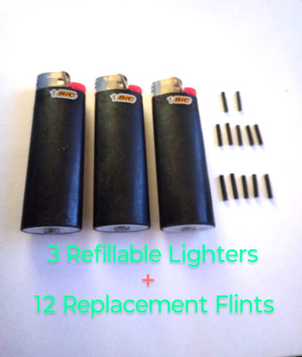 3 Refillable Bic Lighters - Black - w/ 12 additional replacement flints.