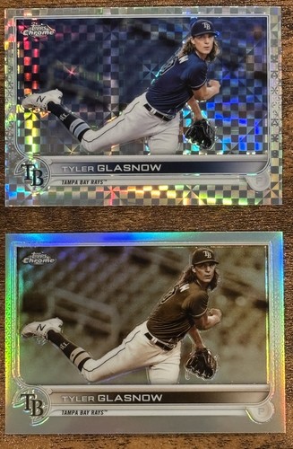 Lote de 2 tarjetas Topps Chrome Tyler Glasnow 2022 X-Fractor y rayos refractores sepia - Imagen 1 de 3