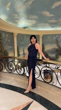 Navy Blue Sleeveless Formal Evening Gown with Beaded Bodice and Side Slit