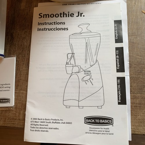 Back To Basics Smoothie Jr. 32oz. Blender White Excellent Manual Recipes Stick - Picture 3 of 12