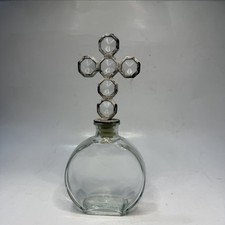 Vintage Holy Water Bottle Metal/Glass Cross Stopper Faceted Glass