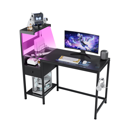 Modern Computer Desk with LED Lights, Power Outlet & Reversible Storage Shelves - Picture 9 of 12