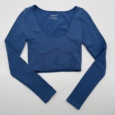 Garage Blue Ribbed Corset Seam Long Sleeve Crop Top XS Style 100075048