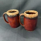 Hull Oven Proof Brown Beige Ceramic Drip Glaze Pottery Coffee Mugs Set of 2