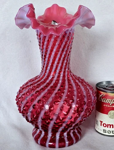 Large 11" Vintage Fenton Cranberry Glass Vase Swirling Hobnail Surface