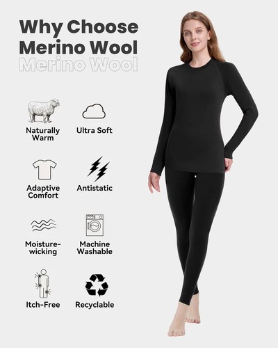Mujeres 100% Lana Merino Conjunto de Capa Base Térmica Invierno Esquí Top UT Long Johns Set - Imagen 2 de 110