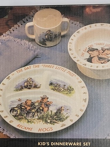 Harley Davidson 3 Little Pigs Became Hogs Kid's Dinnerware Set Cup Plate Bowl - Picture 2 of 7