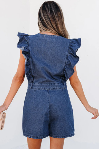 Amora Denim Ruffled Zipped Front Belted Romper - Picture 2 of 5