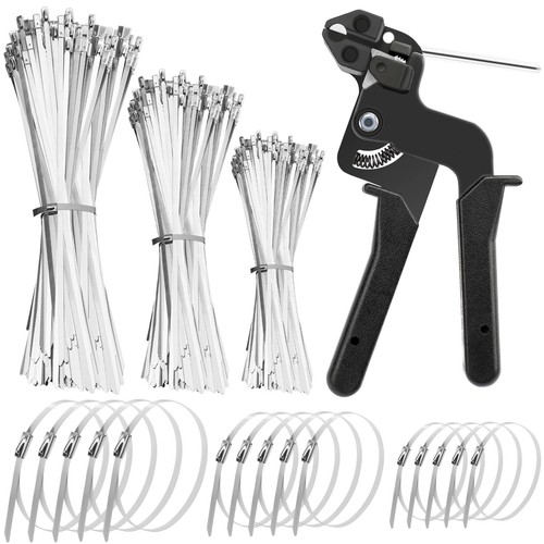 Heavy Duty Stainless Steel Cable Tie Gun Kit with 200 Self-Locking Metal Zip ...