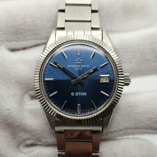Eterna-Matic 1000 5 Star Men's Vintage Silver Tone w/ Blue Dial Automatic Watch - Picture 3 of 19