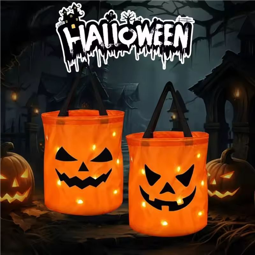 LED Light Halloween Decoration Bucket with Collapsible Pumpkin Candy Bags